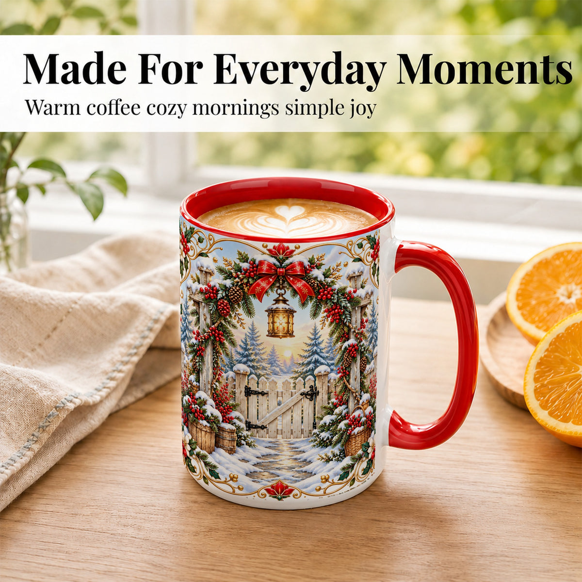 #pl[15oz|Red] Christmas Garden Gate Coffee Mug, Winter Lantern Mug, Ceramic Cup