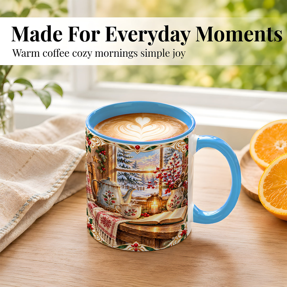 #pl[11oz|Blue] Christmas Tea Time Coffee Mug, Cozy Winter Reading Mug, Ceramic Cup