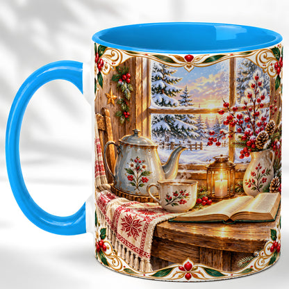 #pl[11oz|Blue] Christmas Tea Time Coffee Mug, Cozy Winter Reading Mug, Ceramic Cup