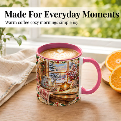 #pl[11oz|Pink] Christmas Tea Time Coffee Mug, Cozy Winter Reading Mug, Ceramic Cup