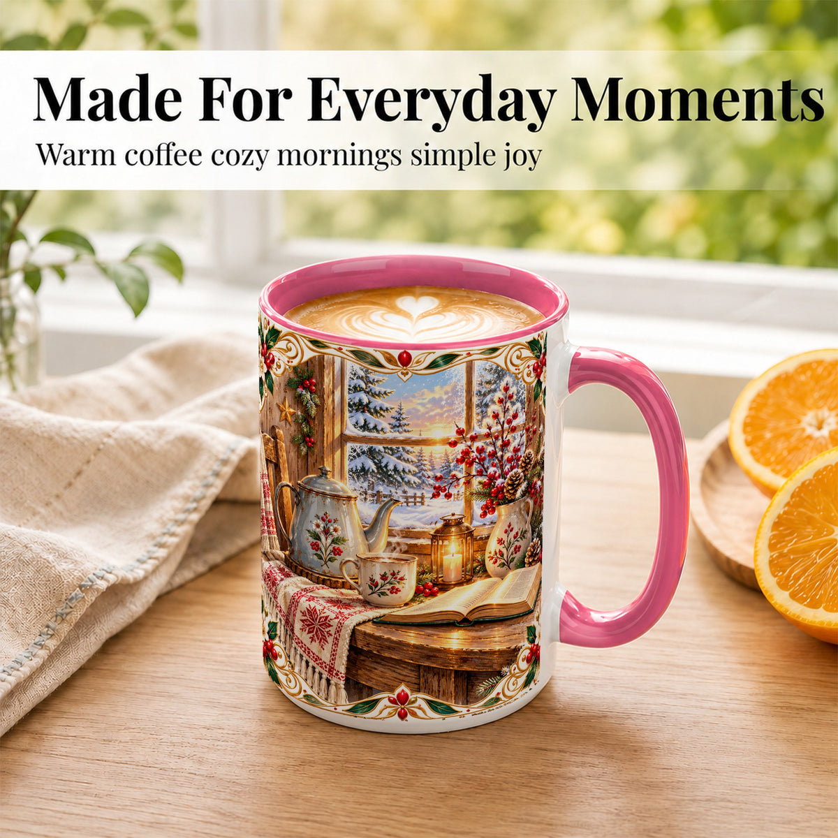 #pl[15oz|Pink] Christmas Tea Time Coffee Mug, Cozy Winter Reading Mug, Ceramic Cup