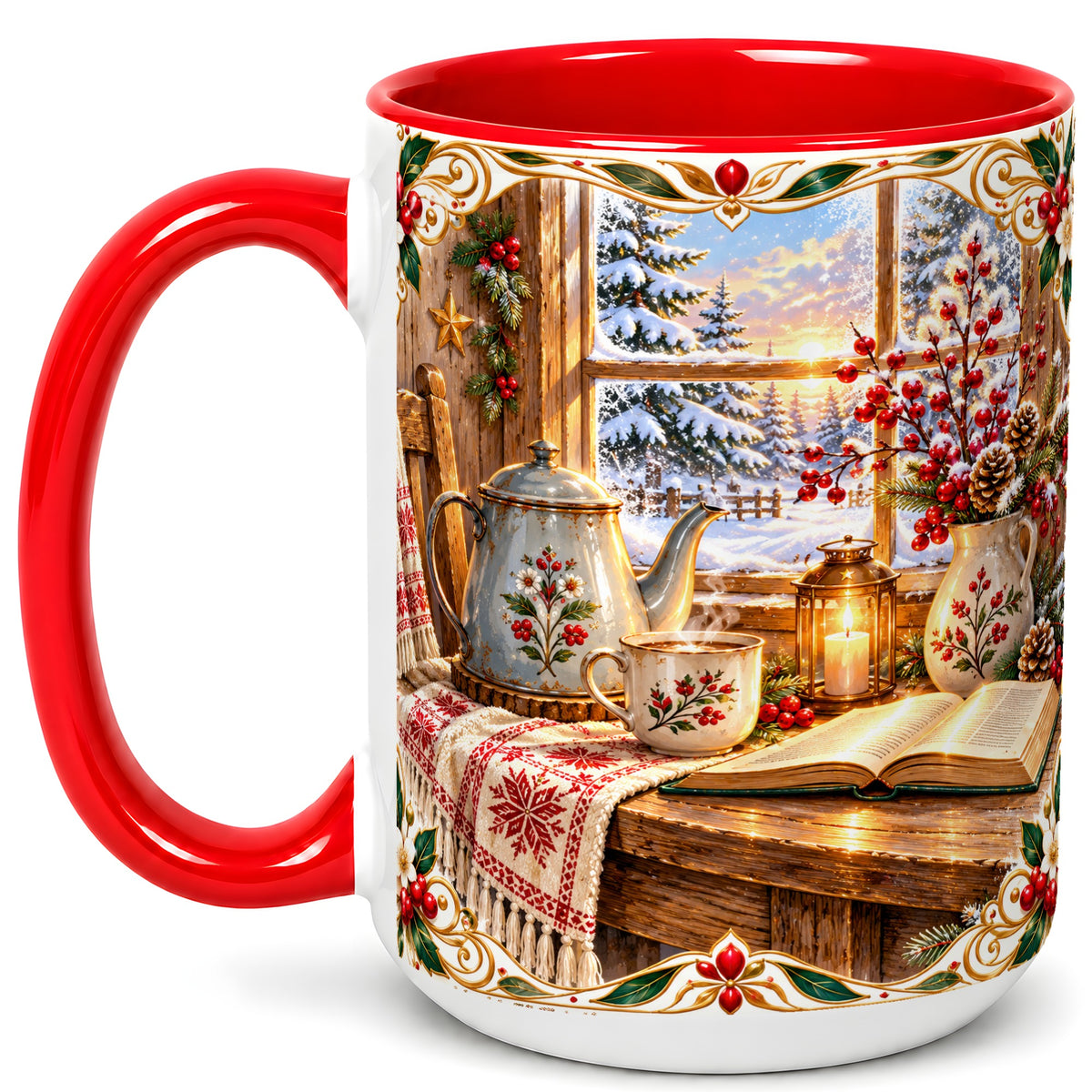 #pl[15oz|Red] Christmas Tea Time Coffee Mug, Cozy Winter Reading Mug, Ceramic Cup