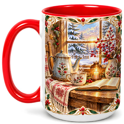 #pl[15oz|Red] Christmas Tea Time Coffee Mug, Cozy Winter Reading Mug, Ceramic Cup