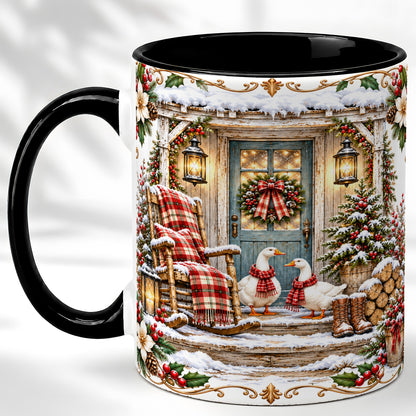 #pl[11oz|Black] Christmas Goose Coffee Mug, Winter Farmhouse Geese Mug, Ceramic Cup