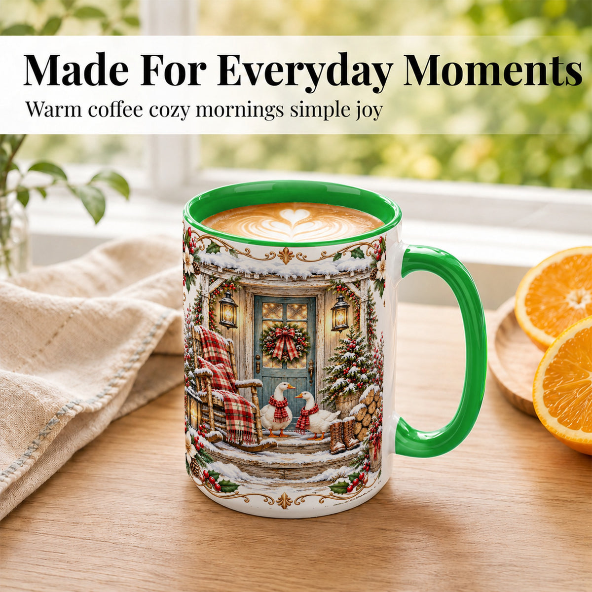 #pl[15oz|Green] Christmas Goose Coffee Mug, Winter Farmhouse Geese Mug, Ceramic Cup