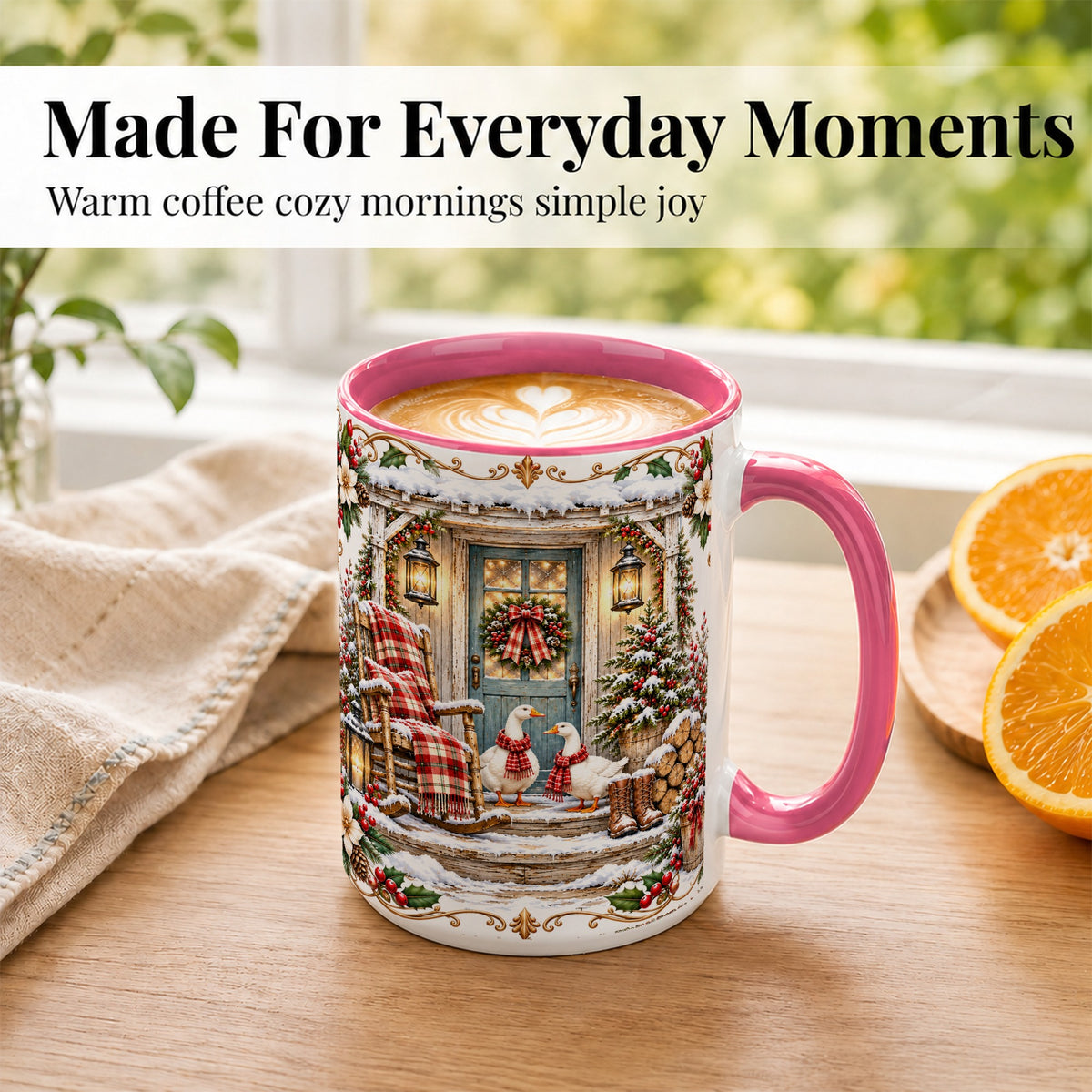 #pl[15oz|Pink] Christmas Goose Coffee Mug, Winter Farmhouse Geese Mug, Ceramic Cup
