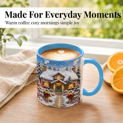 #pl[11oz|Blue] Snowy Christmas Cottage Coffee Mug, Winter Stone House Mug, Ceramic Cup