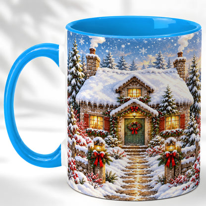 #pl[11oz|Blue] Snowy Christmas Cottage Coffee Mug, Winter Stone House Mug, Ceramic Cup