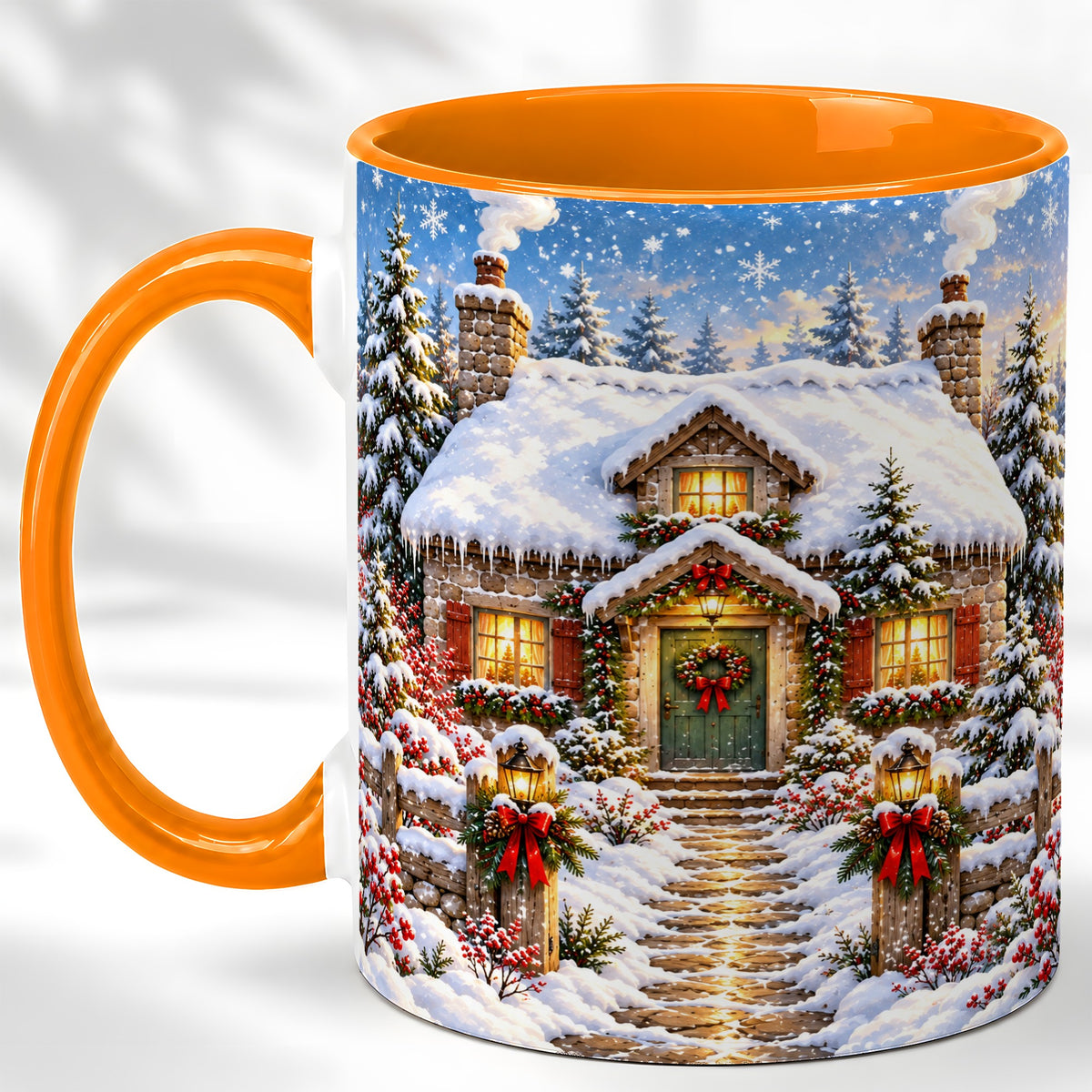 #pl[11oz|Orange] Snowy Christmas Cottage Coffee Mug, Winter Stone House Mug, Ceramic Cup