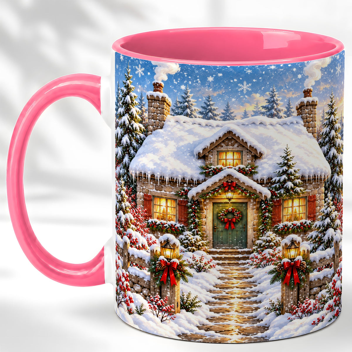 #pl[11oz|Pink] Snowy Christmas Cottage Coffee Mug, Winter Stone House Mug, Ceramic Cup