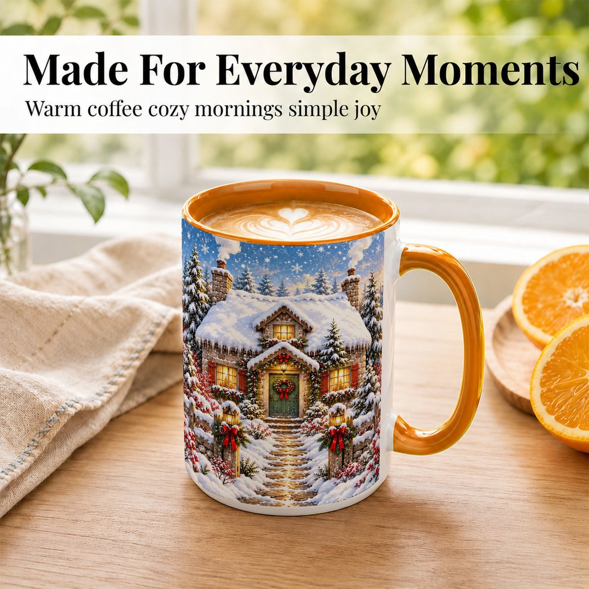 #pl[15oz|Orange] Snowy Christmas Cottage Coffee Mug, Winter Stone House Mug, Ceramic Cup