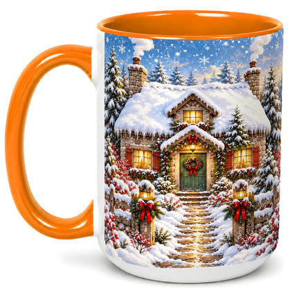 #pl[15oz|Orange] Snowy Christmas Cottage Coffee Mug, Winter Stone House Mug, Ceramic Cup