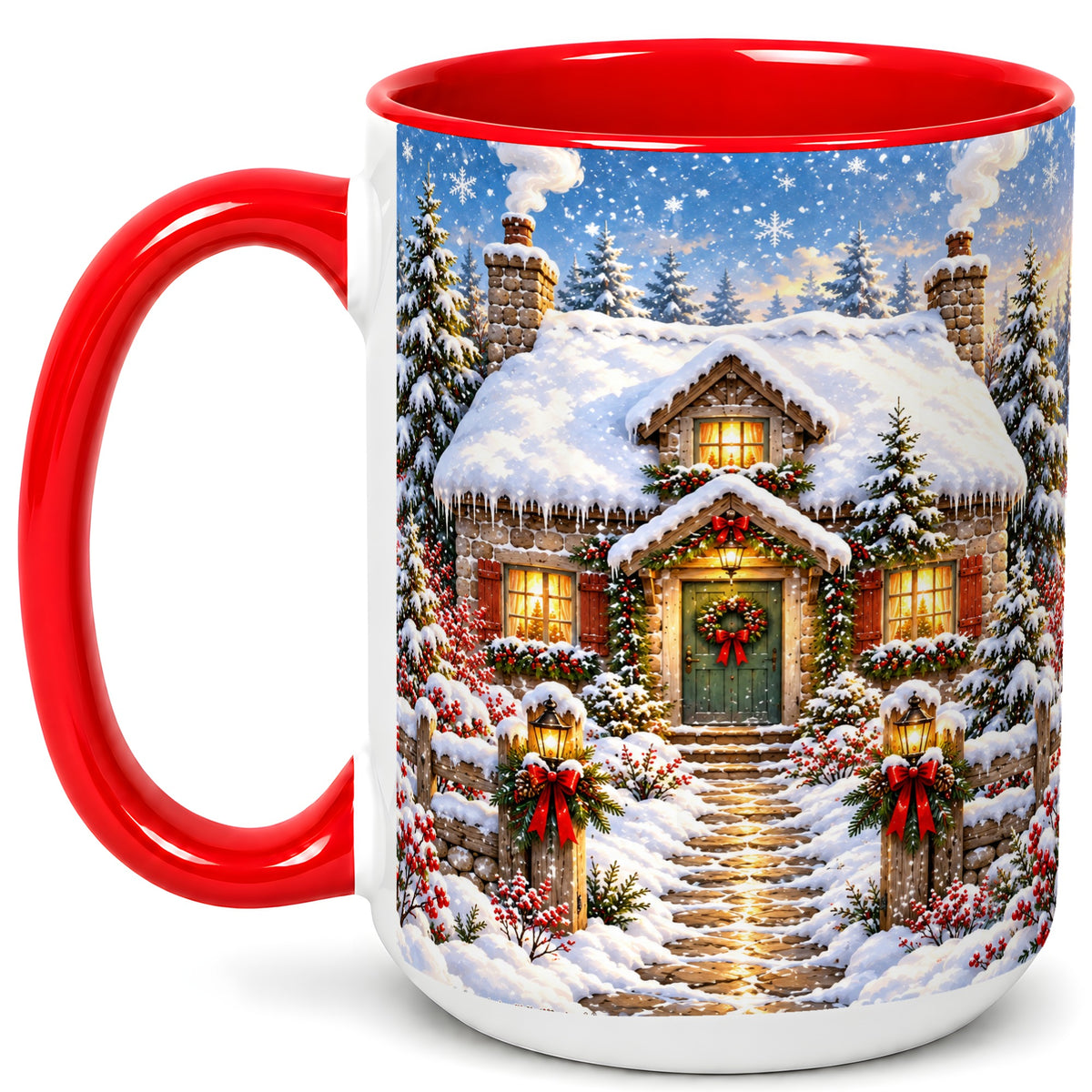 #pl[15oz|Red] Snowy Christmas Cottage Coffee Mug, Winter Stone House Mug, Ceramic Cup