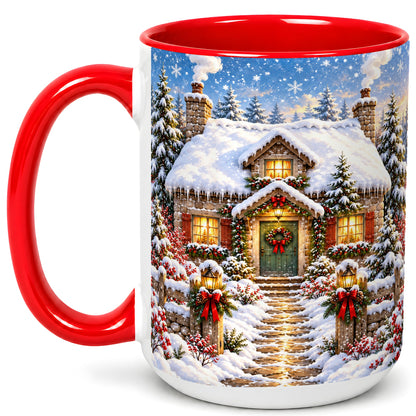 #pl[15oz|Red] Snowy Christmas Cottage Coffee Mug, Winter Stone House Mug, Ceramic Cup