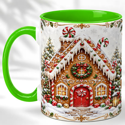 #pl[11oz|Green] Christmas Gingerbread House Coffee Mug, Candy Cane Mug, Ceramic Cup