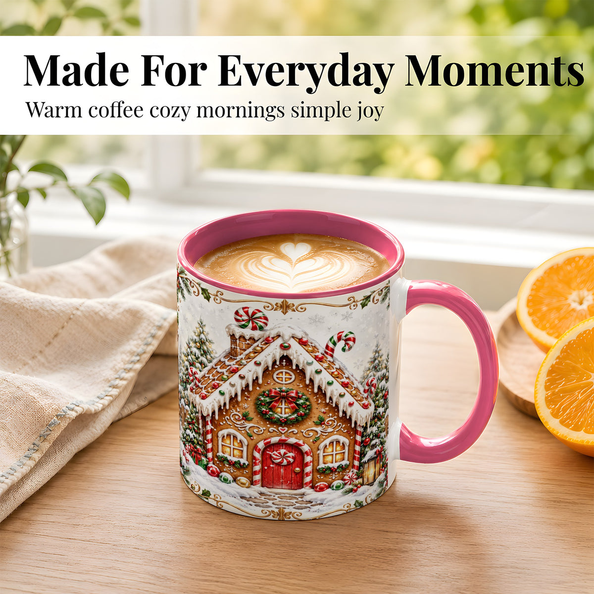 #pl[11oz|Pink] Christmas Gingerbread House Coffee Mug, Candy Cane Mug, Ceramic Cup
