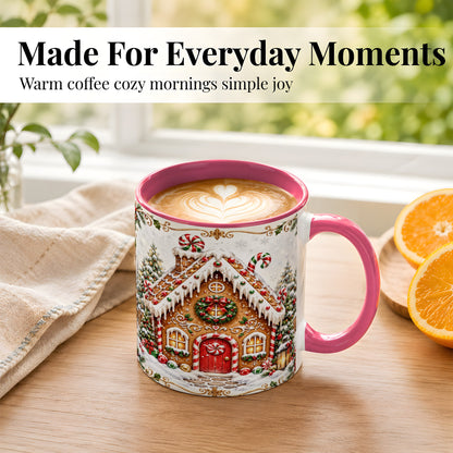 #pl[11oz|Pink] Christmas Gingerbread House Coffee Mug, Candy Cane Mug, Ceramic Cup
