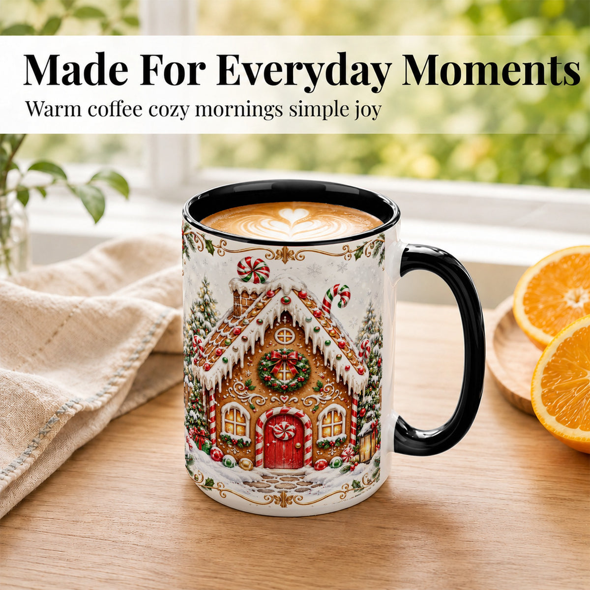 #pl[15oz|Black] Christmas Gingerbread House Coffee Mug, Candy Cane Mug, Ceramic Cup