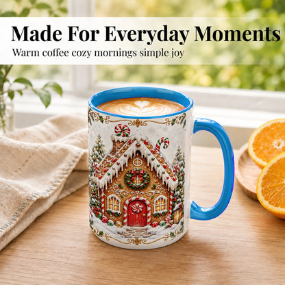 #pl[15oz|Blue] Christmas Gingerbread House Coffee Mug, Candy Cane Mug, Ceramic Cup