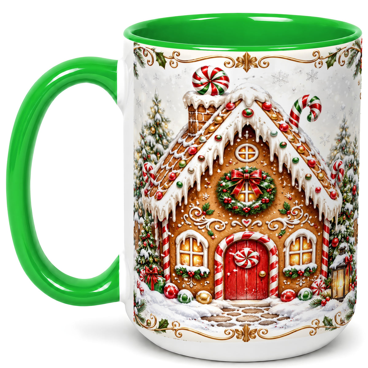 #pl[15oz|Green] Christmas Gingerbread House Coffee Mug, Candy Cane Mug, Ceramic Cup