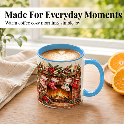 #pl[11oz|Blue] Christmas Fireplace Coffee Mug, Holiday Stocking Mug, Ceramic Cup