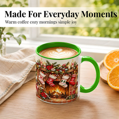 #pl[11oz|Green] Christmas Fireplace Coffee Mug, Holiday Stocking Mug, Ceramic Cup