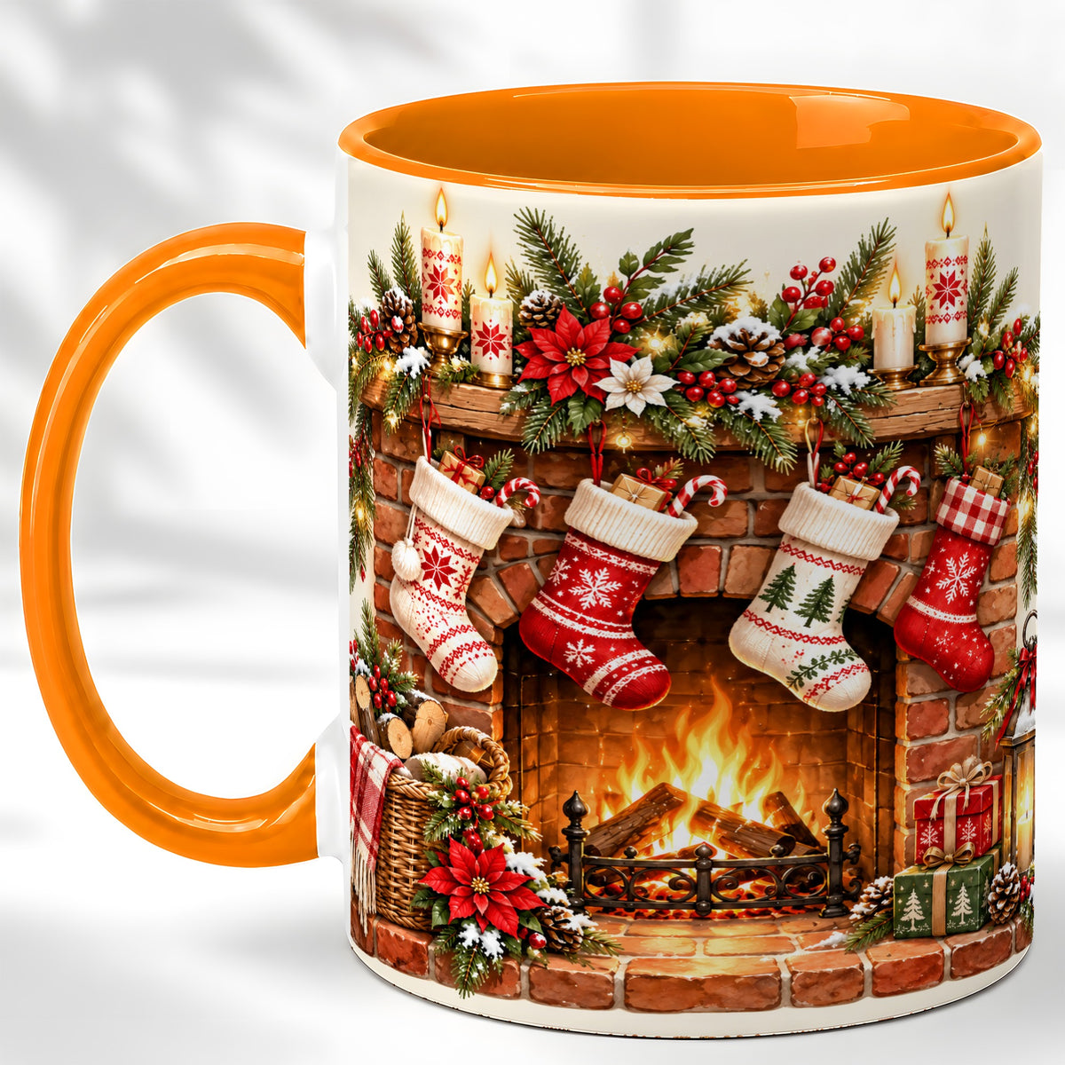 #pl[11oz|Orange] Christmas Fireplace Coffee Mug, Holiday Stocking Mug, Ceramic Cup