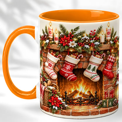 #pl[11oz|Orange] Christmas Fireplace Coffee Mug, Holiday Stocking Mug, Ceramic Cup