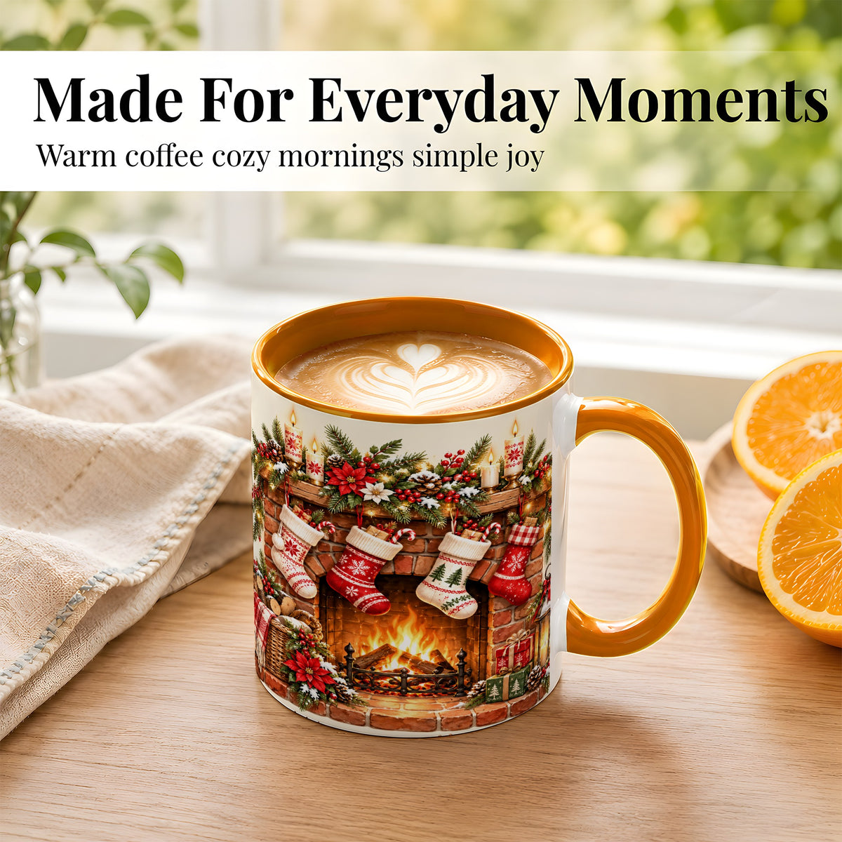 #pl[11oz|Orange] Christmas Fireplace Coffee Mug, Holiday Stocking Mug, Ceramic Cup