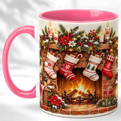 #pl[11oz|Pink] Christmas Fireplace Coffee Mug, Holiday Stocking Mug, Ceramic Cup