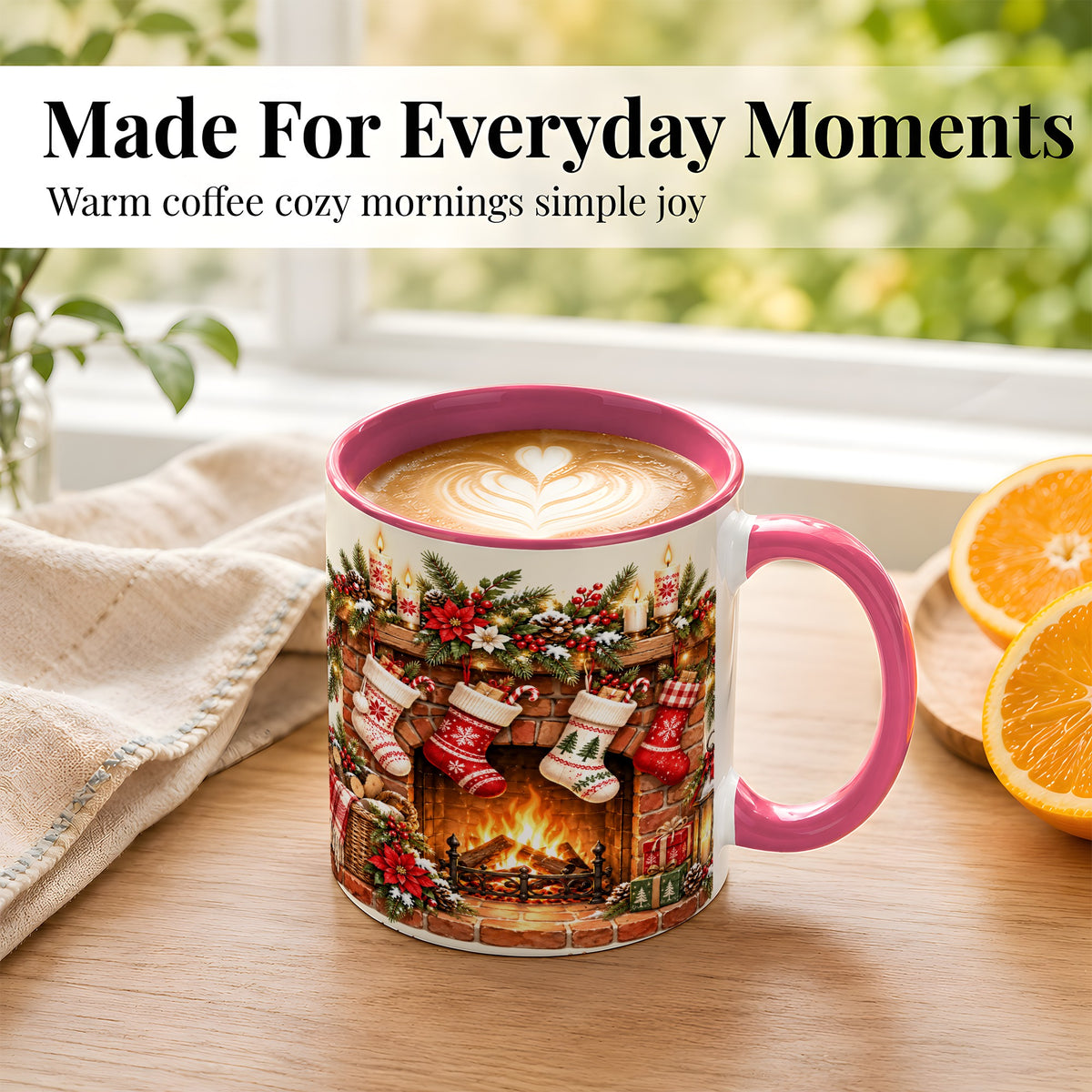 #pl[11oz|Pink] Christmas Fireplace Coffee Mug, Holiday Stocking Mug, Ceramic Cup