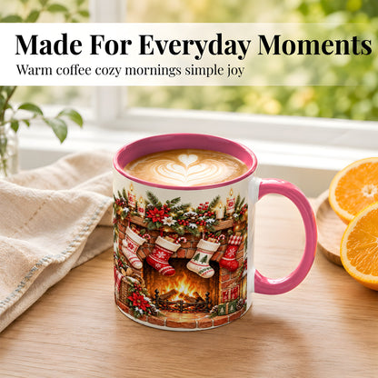 #pl[11oz|Pink] Christmas Fireplace Coffee Mug, Holiday Stocking Mug, Ceramic Cup