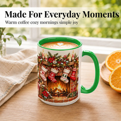 #pl[15oz|Green] Christmas Fireplace Coffee Mug, Holiday Stocking Mug, Ceramic Cup