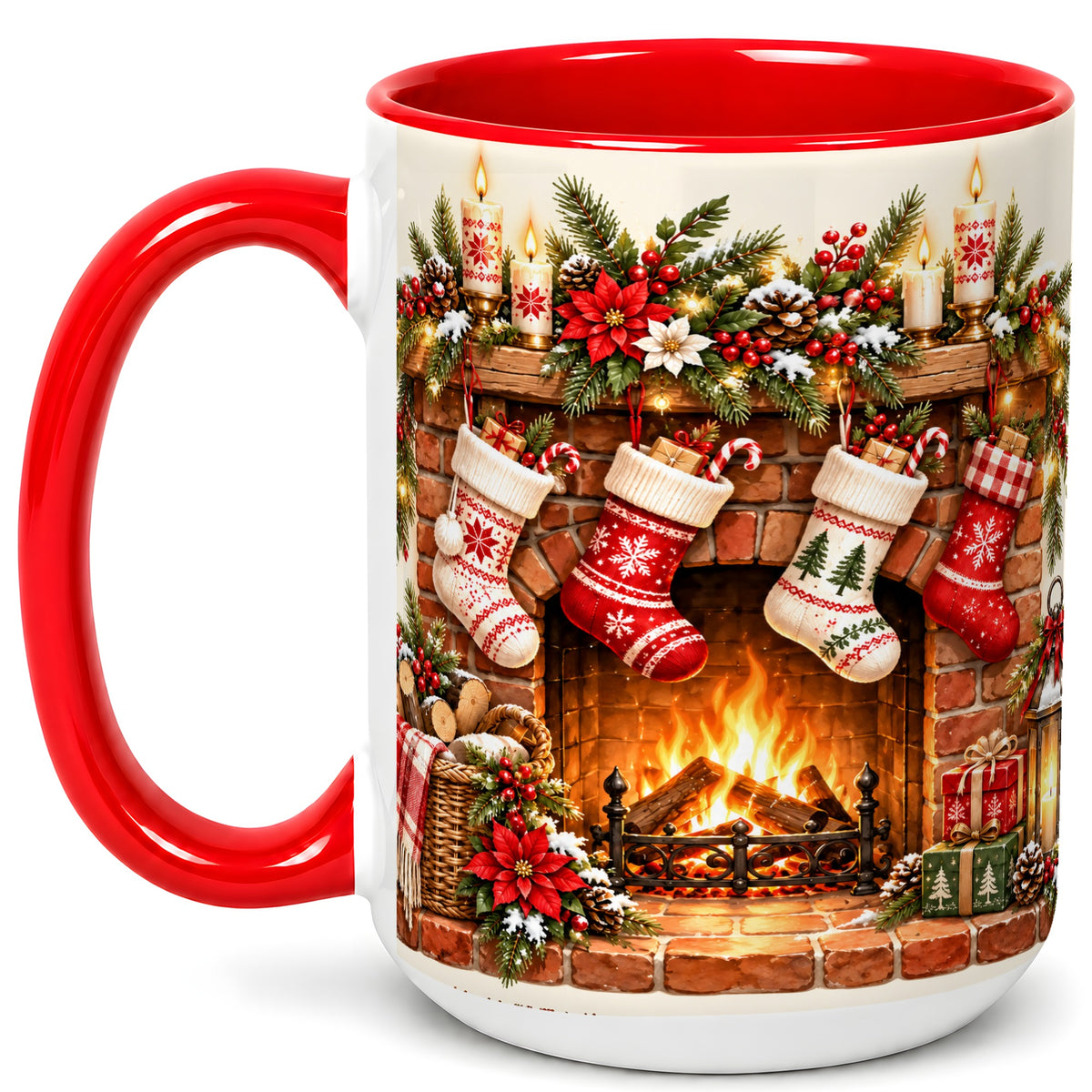 #pl[15oz|Red] Christmas Fireplace Coffee Mug, Holiday Stocking Mug, Ceramic Cup