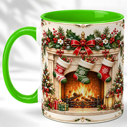 #pl[11oz|Green] Elegant Christmas Coffee Mug, Vintage Holiday Fireplace Mug, Ceramic Cup