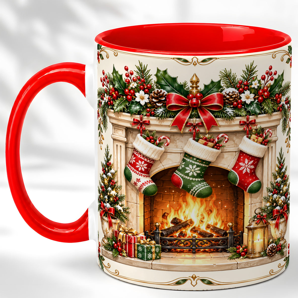 Elegant Christmas Coffee Mug, Vintage Holiday Fireplace Mug, Ceramic Cup