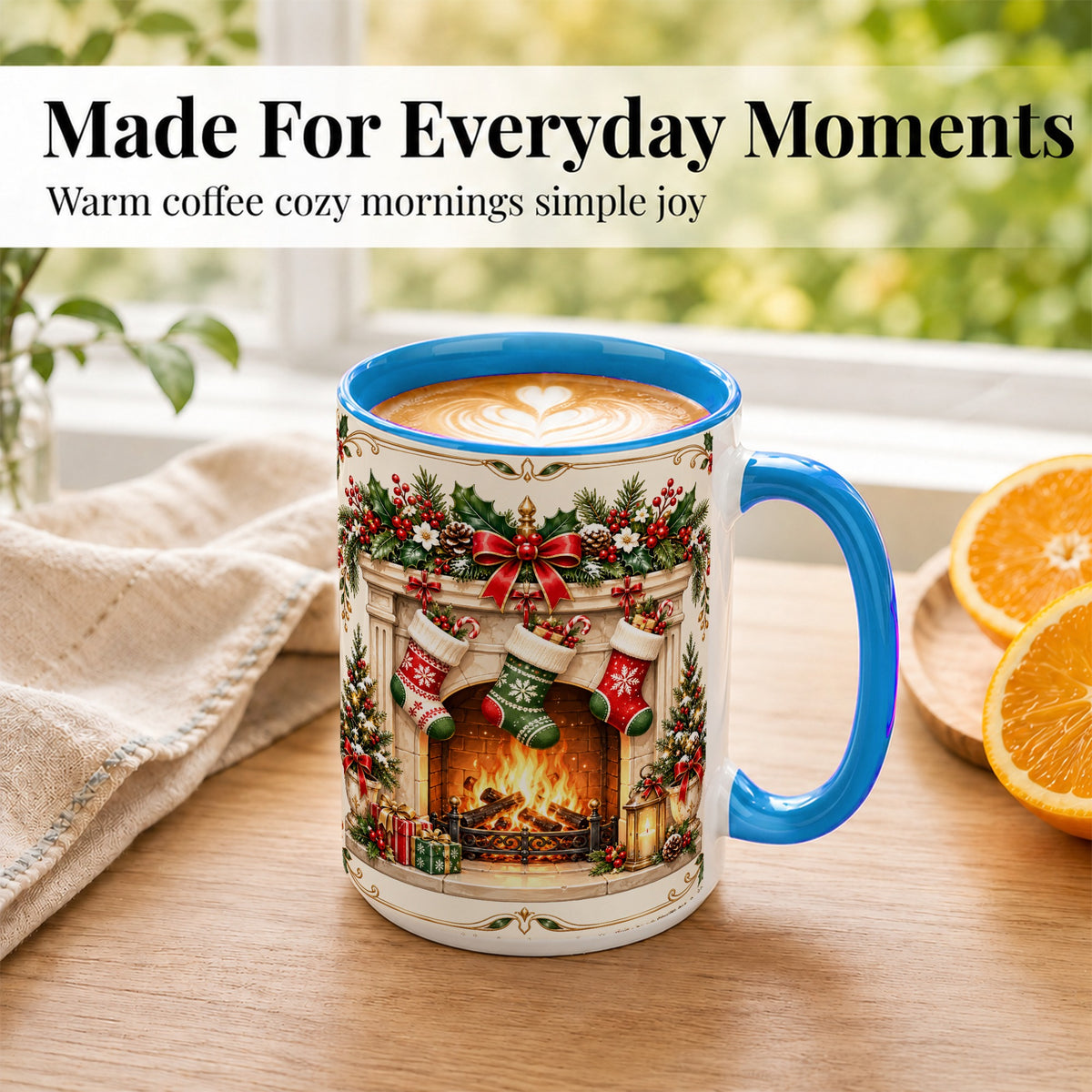 #pl[15oz|Blue] Elegant Christmas Coffee Mug, Vintage Holiday Fireplace Mug, Ceramic Cup