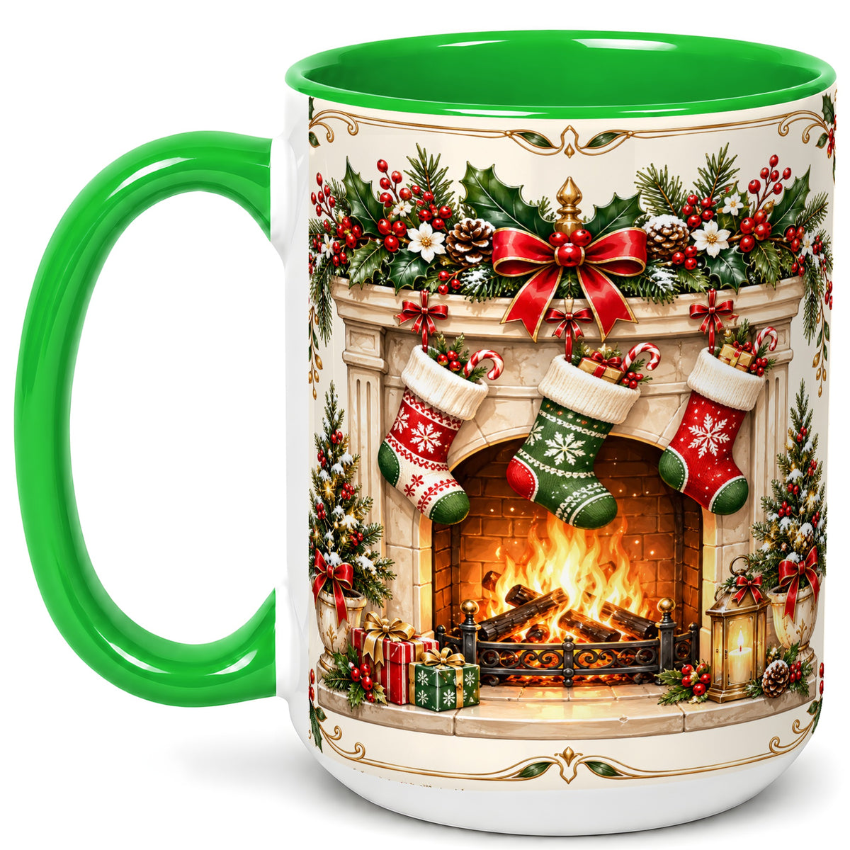 #pl[15oz|Green] Elegant Christmas Coffee Mug, Vintage Holiday Fireplace Mug, Ceramic Cup