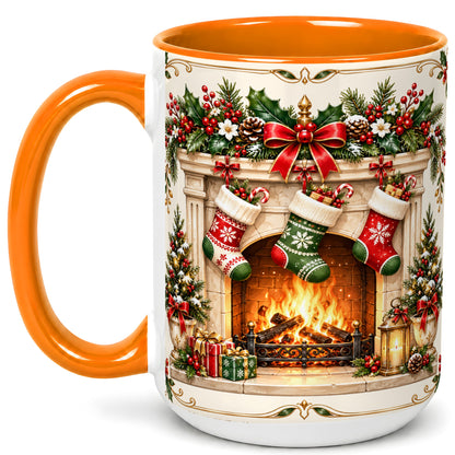 #pl[15oz|Orange] Elegant Christmas Coffee Mug, Vintage Holiday Fireplace Mug, Ceramic Cup