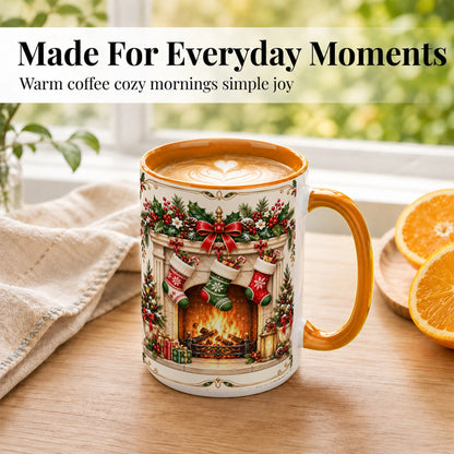 #pl[15oz|Orange] Elegant Christmas Coffee Mug, Vintage Holiday Fireplace Mug, Ceramic Cup