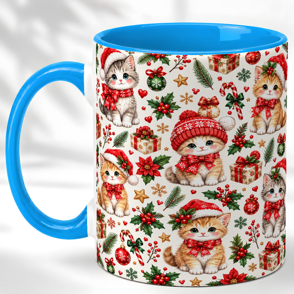 #pl[11oz|Blue] Christmas Kittens Coffee Mug, Cute Santa Hat Cats Mug, Ceramic Cup