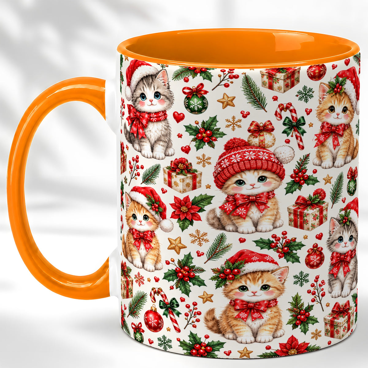 #pl[11oz|Orange] Christmas Kittens Coffee Mug, Cute Santa Hat Cats Mug, Ceramic Cup