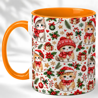 #pl[11oz|Orange] Christmas Kittens Coffee Mug, Cute Santa Hat Cats Mug, Ceramic Cup