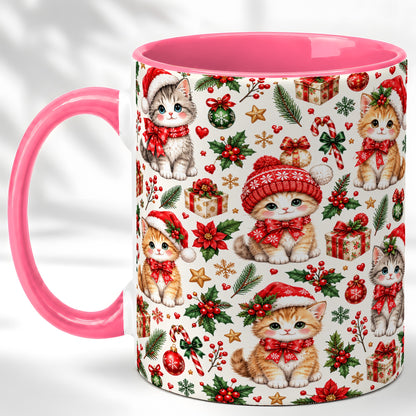 #pl[11oz|Pink] Christmas Kittens Coffee Mug, Cute Santa Hat Cats Mug, Ceramic Cup
