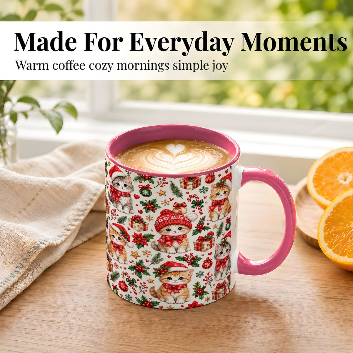 #pl[11oz|Pink] Christmas Kittens Coffee Mug, Cute Santa Hat Cats Mug, Ceramic Cup