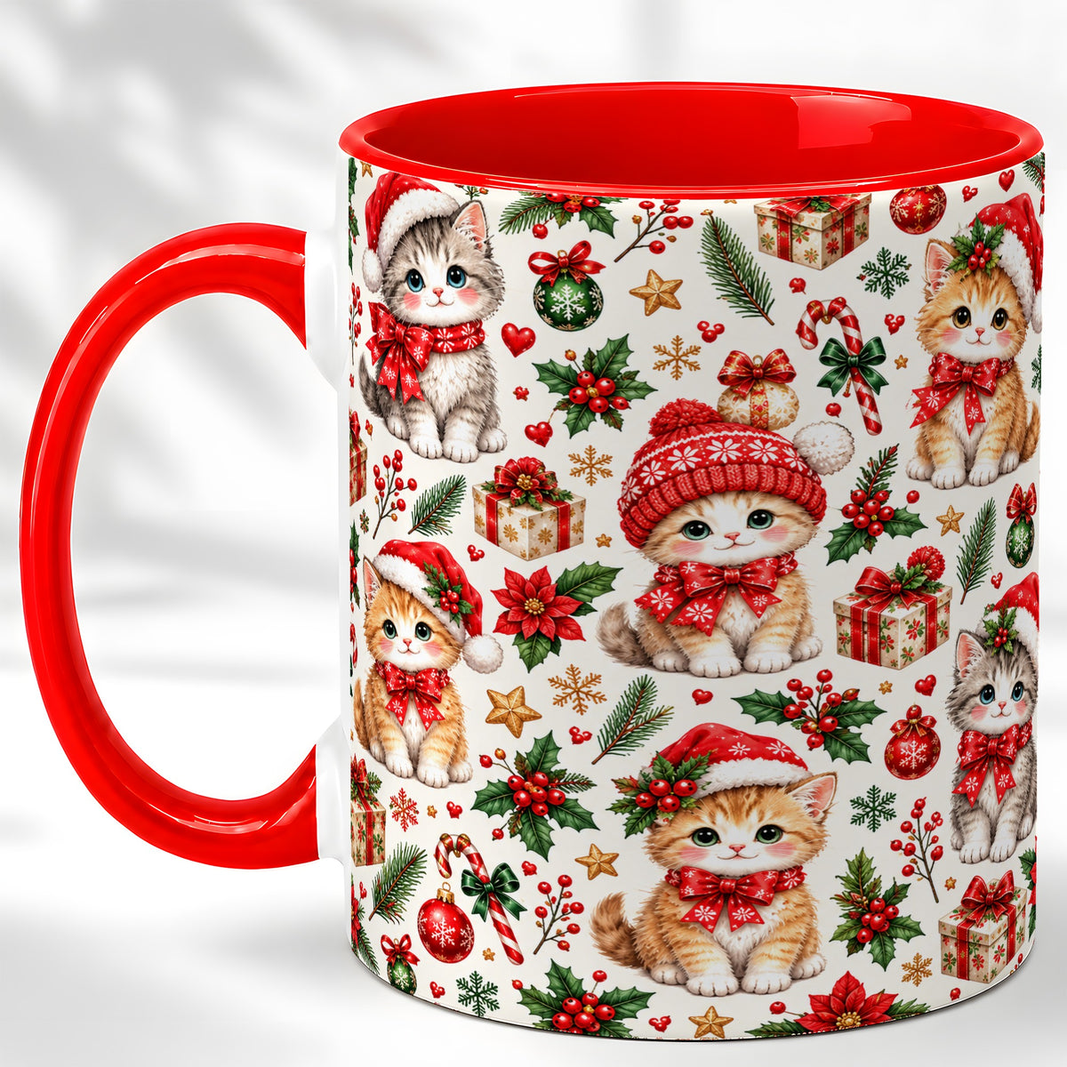 Christmas Kittens Coffee Mug, Cute Santa Hat Cats Mug, Ceramic Cup