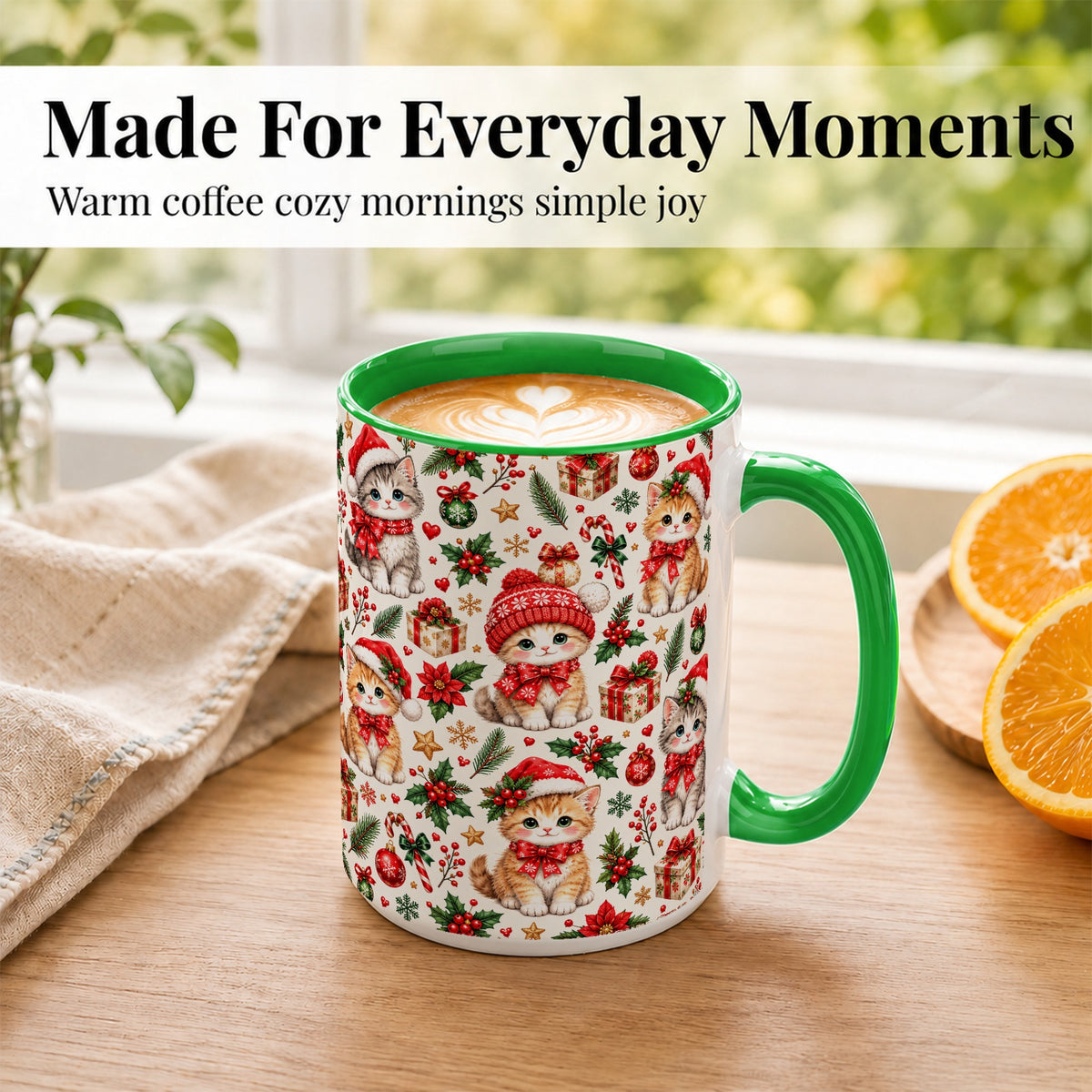 #pl[15oz|Green] Christmas Kittens Coffee Mug, Cute Santa Hat Cats Mug, Ceramic Cup