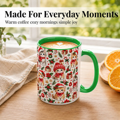 #pl[15oz|Green] Christmas Kittens Coffee Mug, Cute Santa Hat Cats Mug, Ceramic Cup