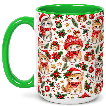 #pl[15oz|Green] Christmas Kittens Coffee Mug, Cute Santa Hat Cats Mug, Ceramic Cup