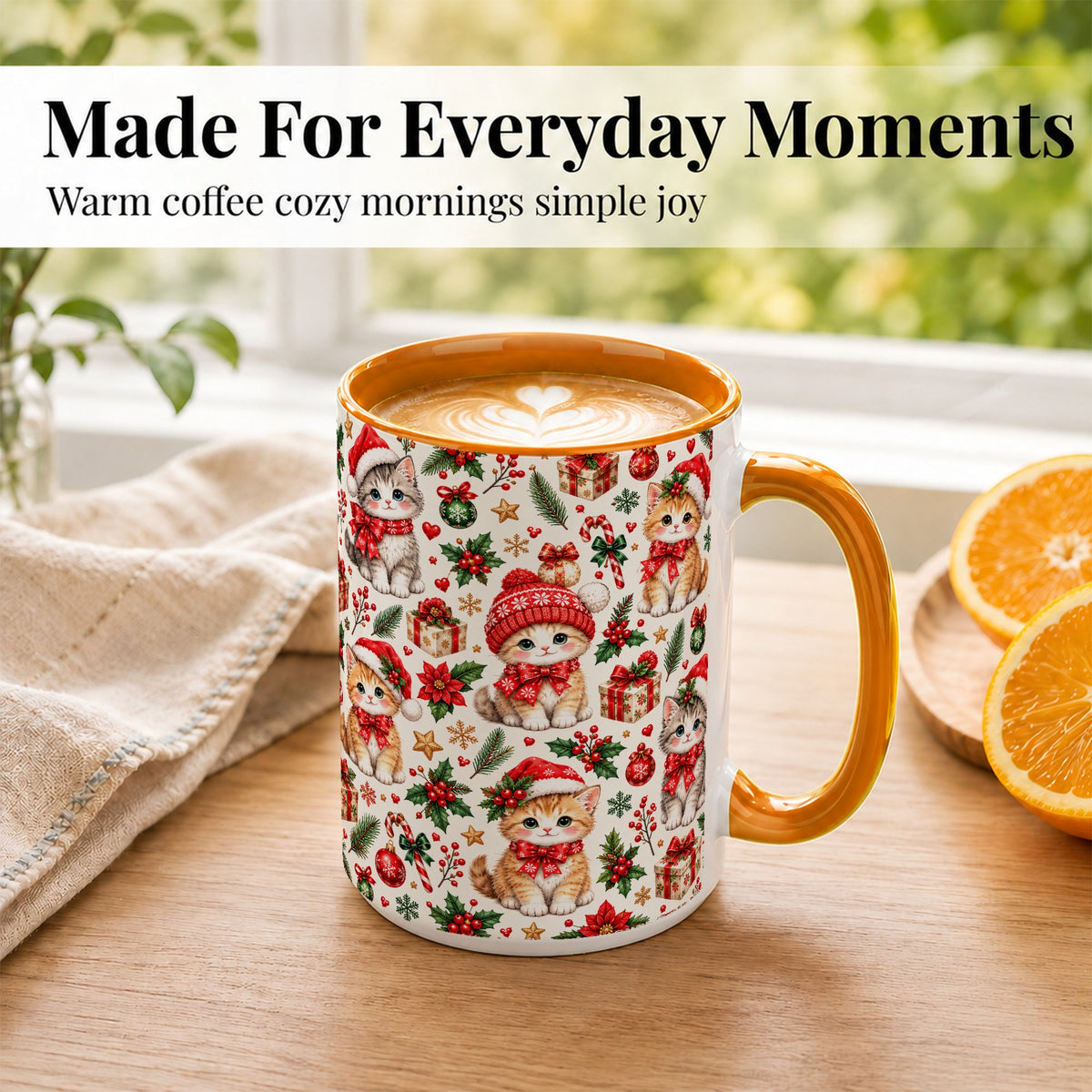 #pl[15oz|Orange] Christmas Kittens Coffee Mug, Cute Santa Hat Cats Mug, Ceramic Cup